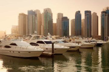 luxurious yachts dubai at sunset