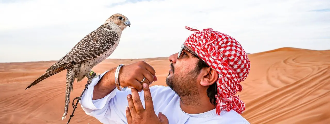 Man with Falcon in Arabian Desert