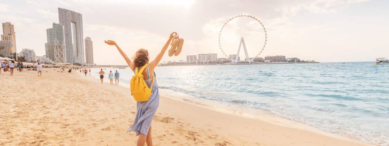 Scenic view of a pristine beach in Dubai with golden sands
